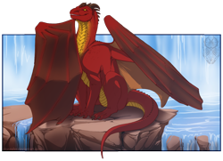 Size: 966x699 | Tagged: safe, artist:skysealer, dragon, fictional species, reptile, scaled dragon, feral, scenery, solo, water, waterfall, webbed wings, wings
