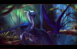 Size: 1600x1010 | Tagged: safe, artist:skysealer, dragon, feathered dragon, fictional species, reptile, scaled dragon, feral, duo, feathered wings, feathers, jungle, scenery, webbed wings, wings