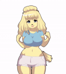 Size: 600x679 | Tagged: safe, artist:littleothinus, oc, oc only, oc:allie, canine, cocker spaniel, dog, mammal, anthro, 2d, 2d animation, animated, belly button, big breasts, blue eyes, bottomwear, bouncing breasts, breasts, clothes, female, frame by frame, fur, gif, gray eyes, hair, shirt, shorts, simple background, smiling, solo, solo female, tail, tail wag, topwear, white background, yellow body, yellow fur, yellow hair