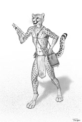 Size: 900x1350 | Tagged: safe, alternate version, artist:titus weiss, cheetah, feline, mammal, anthro, digitigrade anthro, bag, clothes, loincloth, male, monochrome, scroll, solo, solo male, traditional art