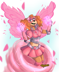Size: 3137x3816 | Tagged: safe, artist:milkymatsu02, skye (paw patrol), canine, cockapoo, dog, mammal, anthro, nickelodeon, paw patrol, 2020, belly button, black nose, bottomwear, breasts, clothes, digital art, ears, female, fur, high res, legwear, looking at you, mask, mighty pups, open mouth, sharp teeth, shirt, simple background, skirt, solo, solo female, stockings, superhero, tail, teeth, tongue, topwear, unamused, wings