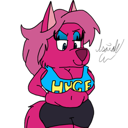 Size: 700x700 | Tagged: suggestive, artist:isaiahtse, oc, oc only, oc:alpine (isaiahtse), canine, mammal, wolf, anthro, blue eyes, breasts, clothes, female, fluff, fur, huge breasts, magenta body, magenta fur, makeup, meme, simple background, slightly chubby, solo, solo female, tail, tail fluff, transparent background, watermark