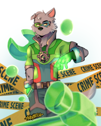 Size: 2863x3586 | Tagged: safe, artist:milkymatsu02, rocky (paw patrol), dog, mammal, mutt, anthro, nickelodeon, paw patrol, 2020, black nose, bottomwear, clothes, digital art, ears, fur, high res, male, mask, mighty pups, open mouth, pants, sharp teeth, shirt, simple background, solo, solo male, superhero, tail, teeth, tongue, topwear, unamused