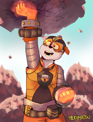 Size: 2856x3723 | Tagged: safe, artist:milkymatsu02, rubble (paw patrol), bulldog, canine, dog, mammal, anthro, nickelodeon, paw patrol, 2020, black nose, bottomwear, boulder, clothes, digital art, ears, fur, helmet, high res, lifting, male, mask, mighty pups, open mouth, pants, sharp teeth, shirt, simple background, solo, solo male, superhero, tail, teeth, tongue, topwear