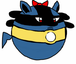Size: 600x510 | Tagged: safe, artist:マサヤン, fictional species, lucario, ambiguous form, nintendo, pokémon, 2017, ball, bow, female, morph ball, not salmon, poké ball, simple background, solo, solo female, transformation, wat, white background
