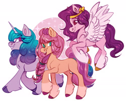 Size: 1417x1131 | Tagged: safe, artist:sadelinav, izzy moonbow (mlp), pipp petals (mlp), sunny starscout (mlp), earth pony, equine, fictional species, mammal, pegasus, pony, unicorn, feral, hasbro, my little pony, my little pony g5, spoiler, spoiler:my little pony g5, 2021, braid, clothes, feathered wings, feathers, female, females only, flying, gradient mane, hair, headband, hooves, horn, horn pattern, mare, simple background, smiling, speculation, spread wings, tail, trio, trio female, unshorn fetlocks, wings