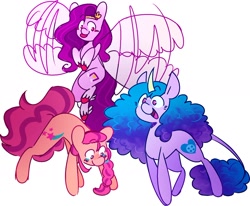 Size: 1462x1203 | Tagged: safe, artist:kenc0r3, izzy moonbow (mlp), pipp petals (mlp), sunny starscout (mlp), classical unicorn, earth pony, equine, fictional species, mammal, pegasus, pony, unicorn, feral, hasbro, my little pony, my little pony g5, spoiler, spoiler:my little pony g5, 2021, blep, braid, feathered wings, feathers, female, females only, flying, gradient mane, hair, happy, hooves, horn, horn pattern, mare, open mouth, simple background, smiling, speculation, tail, tongue, tongue out, trio, trio female, unshorn fetlocks, white background, wings