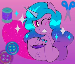 Size: 1492x1270 | Tagged: safe, artist:mewnikitty, izzy moonbow (mlp), equine, fictional species, mammal, pony, unicorn, feral, hasbro, my little pony, my little pony g5, spoiler, spoiler:my little pony g5, 2021, bracelet, bust, chest fluff, female, fluff, gradient mane, hooves, horn, horn pattern, jewelry, mare, one eye closed, simple background, solo, solo female, sparkles, speculation, unshorn fetlocks