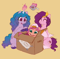 Size: 2210x2169 | Tagged: safe, artist:orchidpony, izzy moonbow (mlp), pipp petals (mlp), sunny starscout (mlp), earth pony, equine, fictional species, mammal, pegasus, pony, unicorn, feral, hasbro, my little pony, my little pony g5, spoiler, spoiler:my little pony g5, 2021, box, cardboard box, circlet, cutie mark, duct tape, eyes closed, feathered wings, feathers, female, females only, glowing, glowing horn, gradient mane, high res, hooves, horn, horn pattern, implied lauren faust, magic, mare, open mouth, pony in a box, simple background, sitting, smiling, speculation, tail, tape, telekinesis, trio, trio female, unshorn fetlocks, wings, yellow background