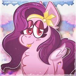 Size: 1024x1024 | Tagged: safe, artist:iamglimm, pipp petals (mlp), equine, fictional species, mammal, pegasus, pony, feral, hasbro, my little pony, my little pony g5, spoiler, spoiler:my little pony g5, 2021, blep, bust, chest fluff, circlet, clothes, feathered wings, feathers, female, fluff, folded wings, headband, mare, solo, solo female, speculation, tail, tongue, tongue out, wings