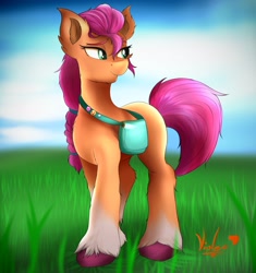 Size: 3200x3400 | Tagged: safe, artist:pizzavioletgirl, sunny starscout (mlp), earth pony, equine, fictional species, mammal, pony, feral, hasbro, my little pony, my little pony g5, spoiler, spoiler:my little pony g5, 2021, blank flank, braid, circlet, ear fluff, female, fluff, grass, hair, high res, hooves, mare, saddle bag, sky, smiling, socks (leg marking), solo, solo female, speculation, tail, unshorn fetlocks