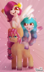 Size: 388x632 | Tagged: safe, artist:torridline, izzy moonbow (mlp), pipp petals (mlp), sunny starscout (mlp), earth pony, equine, fictional species, mammal, pegasus, pony, unicorn, feral, hasbro, my little pony, my little pony g5, spoiler, spoiler:my little pony g5, 2021, braid, circlet, female, females only, frowning, gradient mane, hair, happy, horn, horn pattern, mare, simple background, smiling, speculation, tail, trio, trio female, white wings, wings