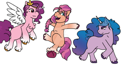 Size: 1280x720 | Tagged: safe, artist:mothermossy, izzy moonbow (mlp), pipp petals (mlp), sunny starscout (mlp), earth pony, equine, fictional species, mammal, pegasus, pony, unicorn, feral, hasbro, my little pony, my little pony g5, spoiler, spoiler:my little pony g5, 2021, blank flank, braid, chest fluff, circlet, feathered wings, feathers, female, females only, fluff, gradient mane, hair, happy, hooves, horn, horn pattern, mare, simple background, smiling, socks (leg marking), speculation, tail, transparent background, trio, trio female, unshorn fetlocks, white wings, wings