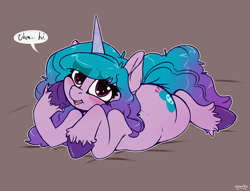 Size: 2350x1800 | Tagged: safe, artist:skoon, izzy moonbow (mlp), equine, fictional species, mammal, pony, unicorn, feral, hasbro, my little pony, my little pony g5, spoiler, spoiler:my little pony g5, 2021, blue hair, brown background, dialogue, eye through hair, female, fur, gradient mane, gradient tail, hair, high res, hoof on cheek, hooves, horn, horn pattern, looking at you, lying down, mare, multicolored hair, pink body, pink fur, prone, purple body, purple hair, simple background, solo, solo female, speculation, speech bubble, tail, talking, text, two toned hair, underhoof, unshorn fetlocks
