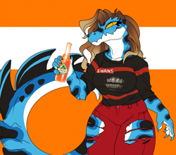 Size: 1280x1126 | Tagged: safe, artist:fivel, oc:scampi (fivel), crocodile, crocodilian, reptile, anthro, 2021, abstract background, black body, blonde hair, blue body, bottle, bottomwear, breasts, claws, clothes, digital art, female, hair, hand hold, holding, pants, slit pupils, solo, solo female, spotted body, tail, topwear, torn clothes, white body, yellow eyes