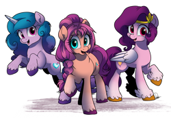 Size: 1024x725 | Tagged: safe, artist:dormin-dim, izzy moonbow (mlp), pipp petals (mlp), sunny starscout (mlp), earth pony, equine, fictional species, mammal, pegasus, pony, unicorn, feral, hasbro, my little pony, my little pony g5, spoiler, spoiler:my little pony g5, 2021, braid, circlet, cutie mark, feathered wings, feathers, female, females only, folded wings, gradient mane, hair, hooves, horn, horn pattern, mare, simple background, smiling, socks (leg marking), speculation, tail, transparent background, trio, trio female, unshorn fetlocks, white wings, wings