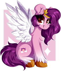 Size: 1280x1502 | Tagged: safe, artist:woonborg, pipp petals (mlp), equine, fictional species, mammal, pegasus, pony, feral, hasbro, my little pony, my little pony g5, spoiler, spoiler:my little pony g5, 2021, blaze (coat marking), circlet, cutie mark, feathered wings, feathers, female, hooves, mare, simple background, smiling, socks (leg marking), solo, solo female, speculation, spread wings, tail, unshorn fetlocks, white wings, wings