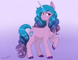 Size: 2600x2000 | Tagged: safe, artist:peachyloaf, izzy moonbow (mlp), equine, fictional species, mammal, pony, unicorn, feral, hasbro, my little pony, my little pony g5, spoiler, spoiler:my little pony g5, 2021, bracelet, cutie mark, female, gradient mane, gradient tail, head turn, high res, hooves, horn, horn pattern, jewelry, mare, raised hoof, simple background, smiling, solo, solo female, sparkles, speculation, tail