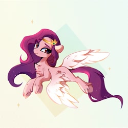 Size: 1840x1840 | Tagged: safe, artist:aureai, pipp petals (mlp), equine, fictional species, mammal, pegasus, pony, feral, hasbro, my little pony, my little pony g5, spoiler, spoiler:my little pony g5, 2021, chest fluff, circlet, cute, feathered wings, feathers, female, fluff, flying, hooves, mare, simple background, solo, solo female, speculation, spread wings, tail, unshorn fetlocks, wings