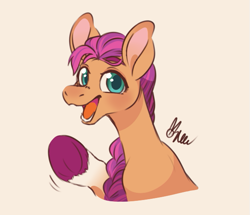 Size: 617x531 | Tagged: safe, artist:polymercorgi, sunny starscout (mlp), earth pony, equine, fictional species, mammal, pony, feral, hasbro, my little pony, my little pony g5, spoiler, spoiler:my little pony g5, 2021, big ears, braid, bust, ears, female, fur, hair, happy, mare, open mouth, orange body, orange fur, purple hair, simple background, socks (leg marking), solo, solo female, speculation