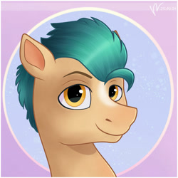 Size: 1280x1280 | Tagged: safe, artist:horsewithacoat, hitch trailblazer (mlp), earth pony, equine, fictional species, mammal, pony, feral, hasbro, my little pony, my little pony g5, spoiler, spoiler:my little pony g5, 2021, bust, colt, foal, male, portrait, simple background, smiling, solo, solo male, speculation, young