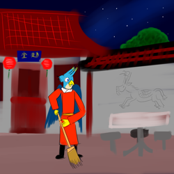 Size: 800x800 | Tagged: safe, artist:horsesplease, gallus (mlp), bird, feline, fictional species, gryphon, mammal, anthro, friendship is magic, hasbro, my little pony, anthrofied, chinese, chinese new year, clothes, male, night, rabydosverse, robe, siangwaan, solo, solo male, stars, sweeping, temple, tree