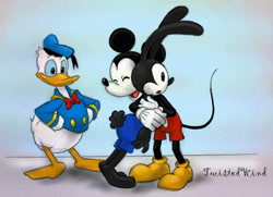 Size: 850x614 | Tagged: safe, artist:twistedterra, donald duck (disney), mickey mouse (disney), oswald the lucky rabbit (disney), bird, duck, lagomorph, mammal, mouse, rabbit, rodent, waterfowl, anthro, disney, mickey and friends, 2d, black body, black fur, feathers, fur, hug, male, males only, trio, trio male, white feathers