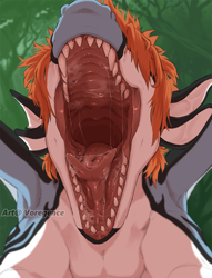 Size: 762x1000 | Tagged: suggestive, artist:voregence, dragon, fictional species, reptile, scaled dragon, feral, bust, mawshot, open mouth, saliva, sharp teeth, teeth, tongue, tongue out