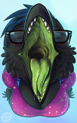 Size: 501x800 | Tagged: suggestive, artist:krowsy, bird, corvid, crow, songbird, anthro, bust, eyes closed, female, glasses, mawshot, open mouth, saliva, solo, solo female
