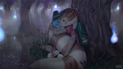 Size: 1600x900 | Tagged: safe, artist:relevancy, fictional species, furret, human, mammal, feral, nintendo, pokémon, 2021, :<, ambiguous gender, backpack, blue hair, brown body, bruised, clothes, cream body, digital art, duo, ears laid back, frowning, hair, hat, hug, leaf, long body, outdoors, paws, plant, pokémon trainer, rain, sad, shoes, signature, skin, tan skin, topwear, tree