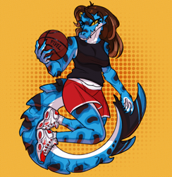 Size: 1248x1280 | Tagged: safe, artist:fivel, oc:scampi (fivel), crocodile, crocodilian, reptile, anthro, plantigrade anthro, 2021, abstract background, ball, black body, blue body, bottomwear, breasts, brown hair, clothes, digital art, female, hair, long tail, shoes, shorts, socks, solo, solo female, spotted body, tail, topwear, white body, yellow eyes