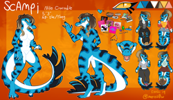 Size: 2000x1151 | Tagged: safe, artist:fivel, oc, oc:scampi (fivel), crocodile, crocodilian, reptile, anthro, digitigrade anthro, 2019, accessories, black body, blue body, bottomwear, breasts, butt, character name, claws, clothes, color palette, complete nudity, digital art, featureless breasts, featureless crotch, female, front view, hair, nonbinary, nudity, open mouth, outfit, pants, rear view, reference sheet, reptile feet, sharp teeth, slightly chubby, slit pupils, solo, solo female, tail, teeth, topwear, torn clothes, white body, yellow eyes