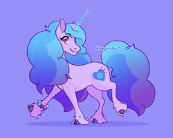 Size: 2048x1638 | Tagged: safe, artist:h0neybraden, izzy moonbow (mlp), equine, fictional species, mammal, pony, unicorn, feral, hasbro, my little pony, my little pony g5, spoiler, spoiler:my little pony g5, 2021, bracelet, cutie mark, female, glowing, glowing horn, gradient mane, gradient tail, hooves, horn, horn pattern, jewelry, mare, simple background, smiling, solo, solo female, speculation, tail, unshorn fetlocks