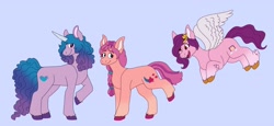 Size: 2990x1372 | Tagged: safe, artist:halotiless, izzy moonbow (mlp), pipp petals (mlp), sunny starscout (mlp), earth pony, equine, fictional species, mammal, pegasus, pony, unicorn, feral, hasbro, my little pony, my little pony g5, spoiler, spoiler:my little pony g5, 2021, braid, cutie mark, feathered wings, feathers, female, females only, flying, gradient mane, gradient tail, hair, high res, hooves, horn, horn pattern, mare, raised hoof, simple background, socks (leg marking), speculation, spread wings, tail, trio, trio female, unshorn fetlocks, white wings, wings