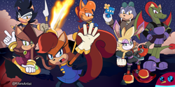 Size: 3000x1500 | Tagged: safe, artist:kitarehamakura, antoine d'coolette (sonic), bunnie rabbot (sonic), dulcy the dragon (sonic), lupe the wolf (sonic), nicole the holo-lynx (sonic), princess sally acorn (sonic), rotor the walrus (sonic), canine, coyote, dragon, feline, fictional species, lagomorph, lynx, mammal, rabbit, rodent, squirrel, walrus, western dragon, wisp, wolf, anthro, feral, plantigrade anthro, idw, idw sonic the hedgehog, sega, sonic the hedgehog (series), 2021, female, freedom fighters (sonic), group, male, redesign