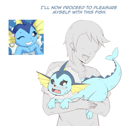 Size: 907x900 | Tagged: artist needed, suggestive, eeveelution, fictional species, human, mammal, vaporeon, feral, nintendo, pokémon, ambiguous gender, blushing, clothes, dialogue, duo, ear piercing, implied masturbation, male, meme, nervous, nervous sweat, one eye closed, open mouth, piercing, shirt, simple background, tail, talking, text, topwear, white background, winking