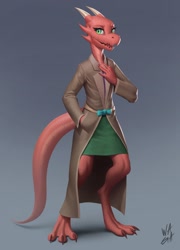 Size: 1338x1855 | Tagged: safe, artist:waga, fictional species, kobold, reptile, anthro, bottomwear, clothes, coat, female, gradient background, horns, open mouth, sharp teeth, skirt, slit pupils, solo, solo female, tail, teeth, topwear, trench coat