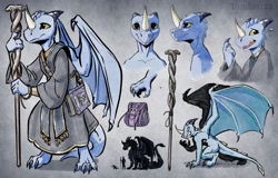 Size: 3194x2048 | Tagged: safe, artist:taborlin123, fictional species, kobold, reptile, anthro, ambiguous gender, clothes, high res, horn, reference sheet, robe, spellbook, staff, wings