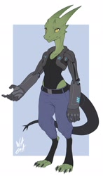 Size: 1202x2047 | Tagged: safe, artist:waga, fictional species, kobold, reptile, anthro, female, horns, prosthetic arm, prosthetics, solo, solo female, tail