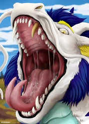 Size: 2000x2800 | Tagged: suggestive, artist:roobin, oc, oc only, dragon, eastern dragon, fictional species, furred dragon, feral, 2021, bust, fangs, hair, high res, looking at you, mawshot, open mouth, saliva, saliva trail, sharp teeth, solo, teeth, tongue, tongue out