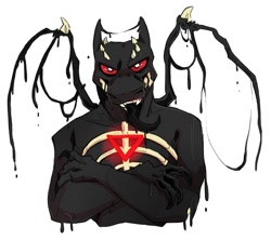 Size: 950x842 | Tagged: safe, artist:mlice, dragon, fictional species, anthro, ambiguous gender, black body, black eyes, black tongue, colored pupils, colored sclera, colored tongue, dripping, front view, goo, horns, looking at you, red sclera, sharp teeth, solo, solo ambiguous, teeth, tongue, tongue out, white pupils, wings