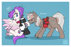 Size: 1280x853 | Tagged: safe, artist:lionbun, oc, oc only, oc:rose carter, oc:silver piston, equine, fictional species, mammal, pegasus, pony, unicorn, feral, friendship is magic, hasbro, my little pony, 2021, abstract background, blue eyes, brown body, brown fur, brown hair, cable, cutie mark, digital art, dirty, dripping, duo, english text, exclamation point, fur, gray hair, hair, horn, jetpack, looking back, multicolored hair, onomatopoeia, open mouth, pink feathers, ponytail, purple hair, saddle bag, screwdriver, side view, smoke, tail, talking, teeth, text, two toned hair, white body, white feathers, white fur, wrench