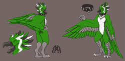 Size: 1969x965 | Tagged: safe, artist:royalty, oc, oc only, oc:ake, bird, anthro, digitigrade anthro, 2013, beak, bird feet, bird hands, butt, claws, collar, colored tongue, complete nudity, digital art, eyes closed, feathers, featureless crotch, fluff, gray background, gray body, gray feathers, gray tongue, green feathers, happy, head fluff, looking at you, looking back, looking back at you, male, nudity, open beak, open mouth, reference sheet, simple background, smiling, solo, solo male, spiked collar, spread wings, tail, tail feathers, talons, tattoo, tongue, white feathers, winged arms, wings, yellow eyes