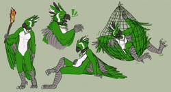 Size: 1280x693 | Tagged: safe, artist:lemondeer, oc, oc only, oc:ake, bird, anthro, 2019, beak, bird feet, bird soles, black body, caught, claws, collar, colored tongue, digital art, exclamation point, feathers, featureless crotch, fire, front view, gray body, gray tongue, green feathers, hand hold, hand on abdomen, holding, male, net, open beak, open mouth, side view, simple background, sitting, soles, solo, solo male, spiked collar, standing, stomach bulge, tail, tail feathers, tongue, torch, winged arms, yellow eyes