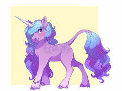 Size: 1024x768 | Tagged: safe, artist:uunicornicc, izzy moonbow (mlp), classical unicorn, equine, fictional species, mammal, pony, unicorn, feral, hasbro, my little pony, my little pony g5, spoiler, spoiler:my little pony g5, 2021, bracelet, female, fur, gradient mane, gradient tail, head turn, hooves, horn, horn pattern, jewelry, mare, purple body, purple fur, simple background, solo, solo female, speculation, tail, unshorn fetlocks