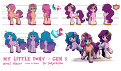 Size: 4200x2480 | Tagged: safe, artist:dormin-dim, izzy moonbow (mlp), pipp petals (mlp), sunny starscout (mlp), earth pony, equine, fictional species, mammal, pegasus, pony, unicorn, feral, hasbro, my little pony, my little pony g5, spoiler, spoiler:my little pony g5, 2021, female, females only, fur, gradient mane, gradient tail, hair, high res, horn, horn pattern, mare, orange body, orange fur, purple hair, reference sheet, speculation, tail, trio, trio female