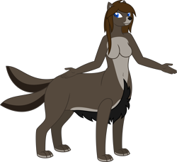 Size: 4384x4000 | Tagged: safe, artist:parclytaxel, oc, oc only, oc:sabrina (sabrina-taur), canine, fictional species, mammal, wolf, anthro, taur, .svg available, absurd resolution, black hair, breasts, brown body, brown hair, featureless breasts, female, hair, looking at you, simple background, smiling, solo, solo female, transparent background, vector, wolf taur