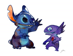 Size: 1303x1000 | Tagged: safe, artist:bluekomadori, stitch (lilo & stitch), alien, experiment (lilo & stitch), fictional species, sableye, feral, semi-anthro, disney, lilo & stitch, nintendo, pokémon, 2013, 3 toes, 4 fingers, black eyes, blue body, blue claws, blue fur, blue nose, chest fluff, claws, colored pupils, crossover, ears, fluff, fur, gem, head fluff, male, occipital marking, open mouth, open smile, purple body, short tail, signature, simple background, size difference, smiling, standing, tail, torn ear, waving, white background, white pupils