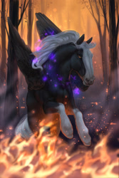 Size: 853x1280 | Tagged: safe, artist:almatea, oc, oc only, oc:hidalgo, equine, fictional species, horse, mammal, pegasus, feral, 2021, black body, black feathers, black fur, digital art, feathers, fire, folded wings, forest, fur, hair, male, mane, outdoors, running, solo, solo male, stallion, tail, tree, white body, white fur, white hair, wildfire, wings