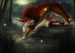 Size: 1500x1054 | Tagged: safe, artist:venlightchaser, oc, oc only, arthropod, felkin, fictional species, firefly, insect, mammal, feral, bared teeth, brown body, claws, fur, grass, horns, male, orange body, orange fur, outdoors, paws, raised leg, red body, red fur, rock, sharp teeth, side view, signature, solo, solo male, spotted fur, tail, teeth, tree, walking, water, white body, white fur